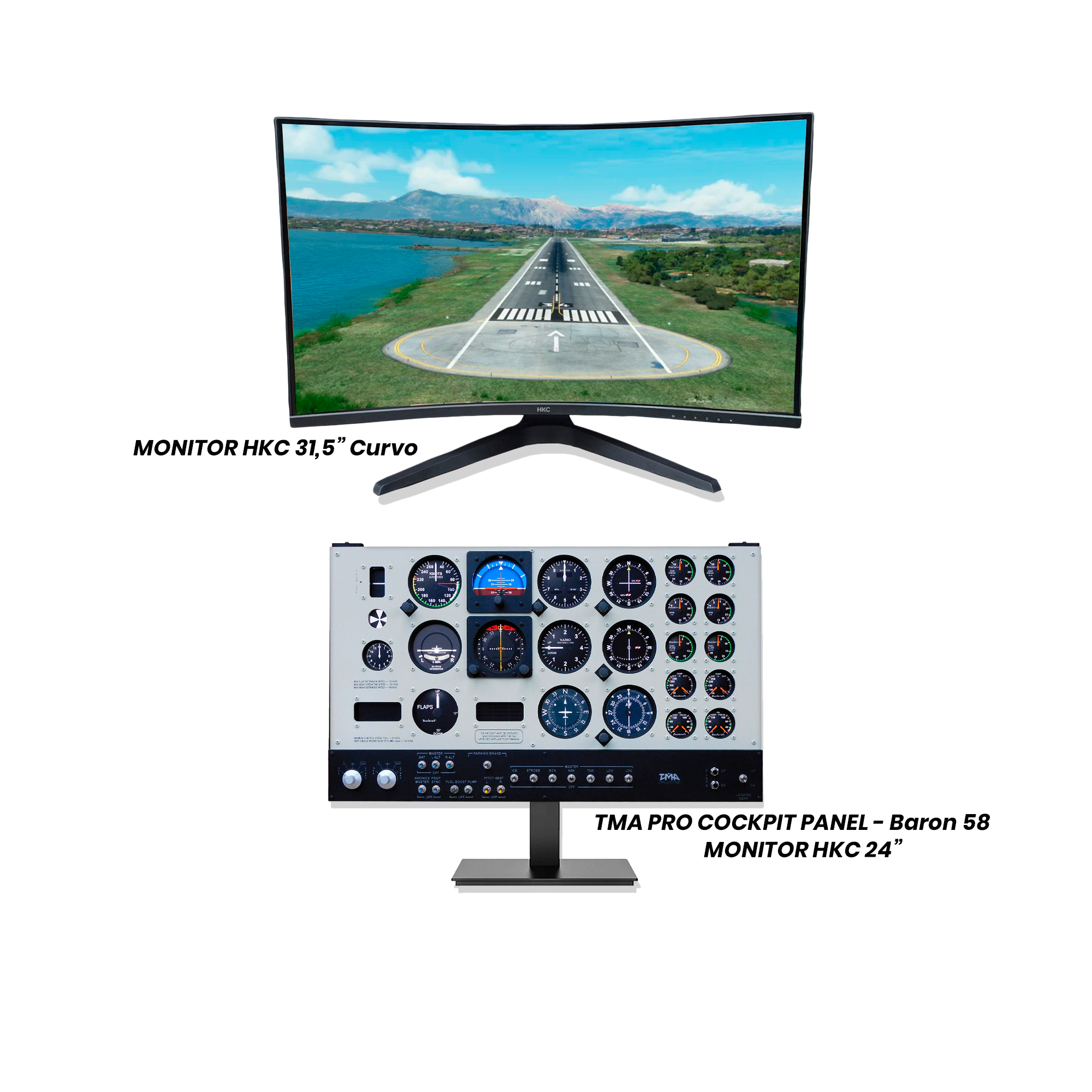 PREVENTA - Combo TMA Pro Cockpit Panel Baron 58 + Monitor HKC 24" + Monitor Curvo HKC 31.5"